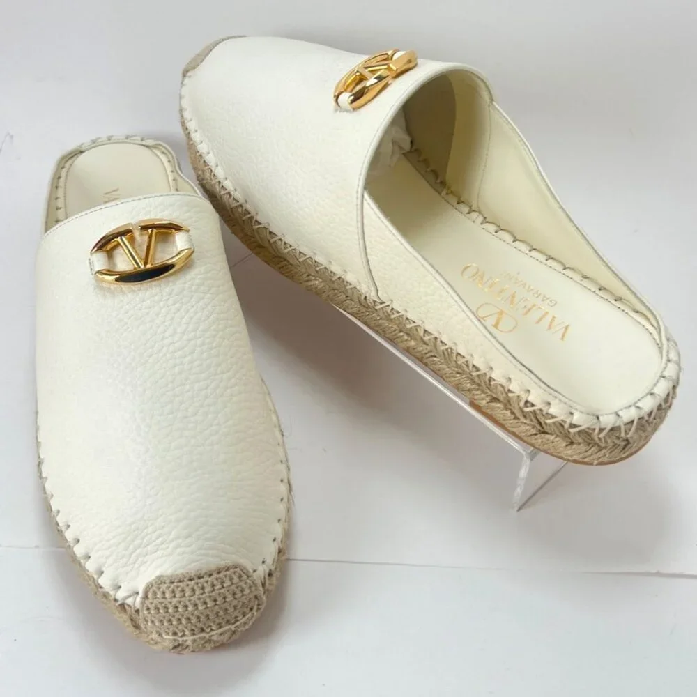 Valentino Garavani V Logo Leather Medallion Espadrille Mules Size 39